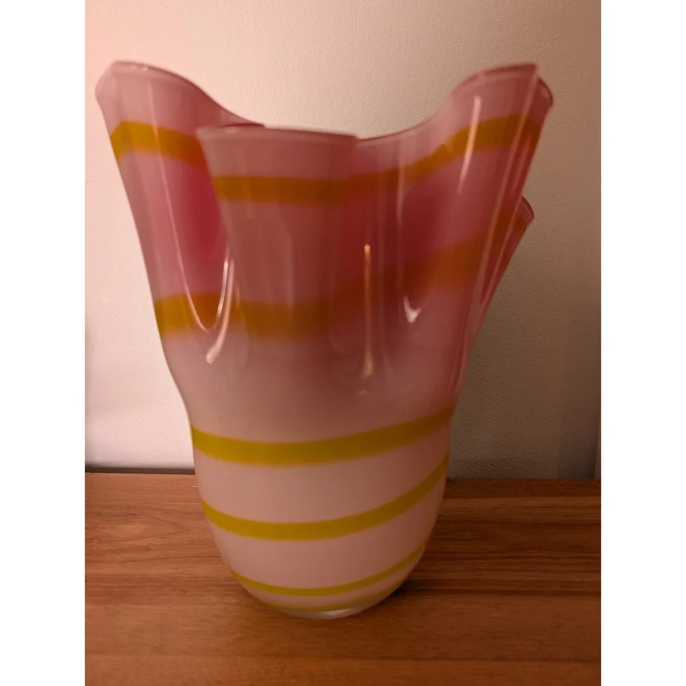 Pier 1 Imports Glass Vase Handkerchief Style Red‎ White with Yellow Stripes